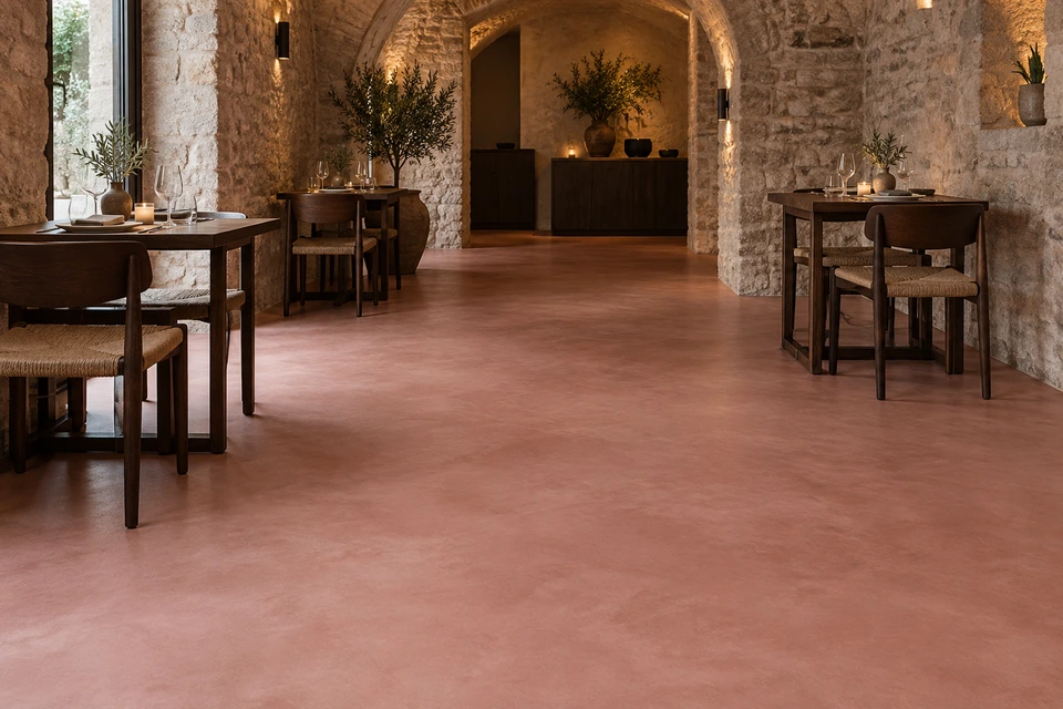 Salle de restaurant avec sol CONTINORA de LITORRA aux nuances d'argile